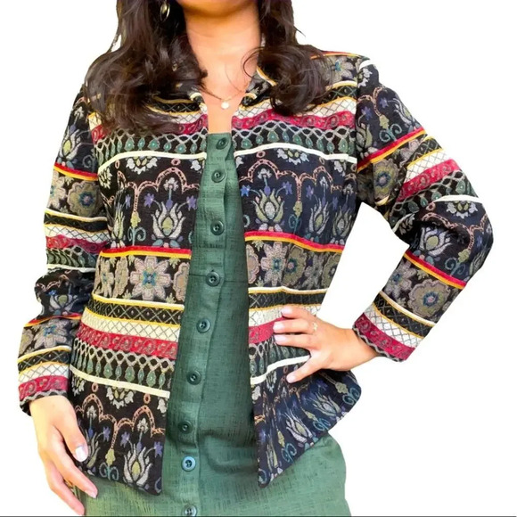 VTG 90s Rainbow Abstract Print Embroidered Paisley Blazer Jacket Size PL - Picture 1 of 10